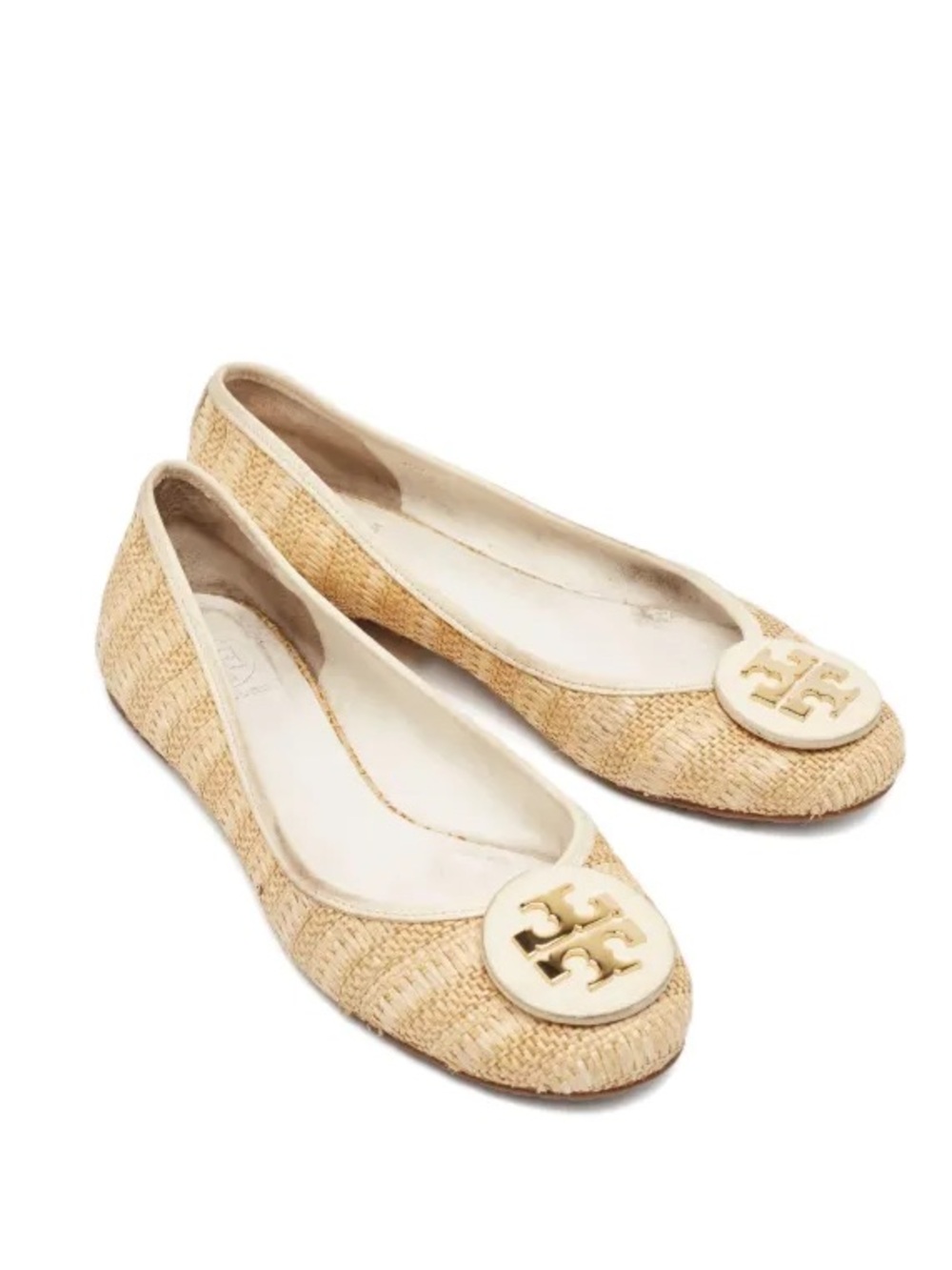 Tory Burch Reva Raffia slip on ballet style shoes gold tone size 10 M